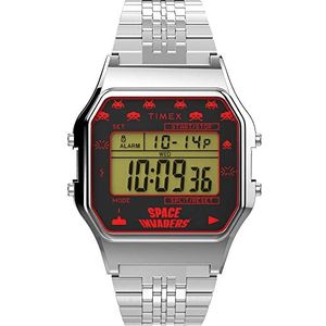 Timex Unisex digitaal horloge met een roestvrijstalen armband T80 X Space Invaders, Zilver, armband