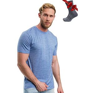 Premium Merino shirt voor heren, korte mouwen, ademend, 100% merinowol, T-shirt voor heren + wandelwollen sokken, blauw (deep blue), M