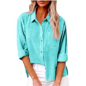 Dames katoenen linnen button-down overhemd 2024 lente casual effen kleur shirts met lange mouwen losse werktops met zakken(Color:Blue-green,Size:5XL)