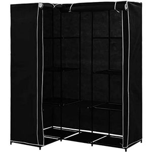 YIMING Kledingkast voor volwassenen met twee deuren, L-vorm, hoekkast, opvouwbaar en draagbaar, kledingkast van vliesstof, kledingkast met twee kledingstangen (zwart, 129 × 87 × 169 cm)