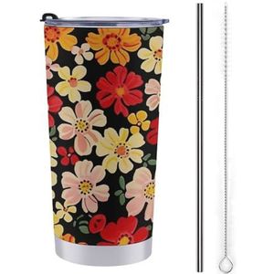 FZMTLDS Rode en oranje bloemen beker 20oz roestvrijstalen waterflessen met handvat lekvrije grote capaciteit autobeker reismok geïsoleerde koffiekop geschenken voor vrouwen mannen
