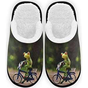 Kikker fiets grappige mannen vrouwen pantoffels pluche voering comfort warm koraal fleece dames huis schoenen voor indoor outdoor spa