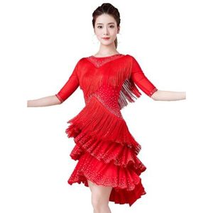 FZHQNZJF Latijns Prestatie Dansjurken Cha Cha Balzaal Danskostuums Tango Salsa Danskleding met Strass Gemiddelde Mouw Danskleding voor Rumba Samba,Rood,L