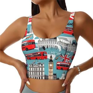 SABFWF I Like London Print Yoga BH's, High Impact Support, Longline Design, voor Fitness, Hardlopen en meer, Zwart, S