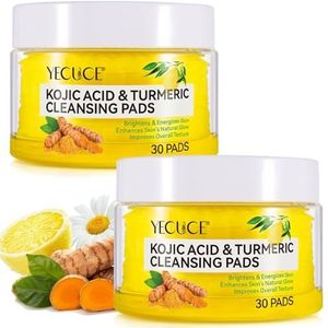 Verpakking van 2 Kojic Zuur en Kurkuma Reinigingspads, exfoliërende gezichtspads voor het reinigen van katoen, kurkuma pad - exfoliërende, acnelittekens, ontstoppen poriën met kamille, citroen