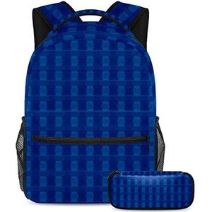 Blauwe geruite patroon rugzak met etui, 2 stuks Kid Schooltas Set voor Jongens Meisjes Tieners, Travel Book Bag voor Studenten, Meerkleurig, B：29.4x20x40cm P：19x7.5x3.8cm, Rugzakken