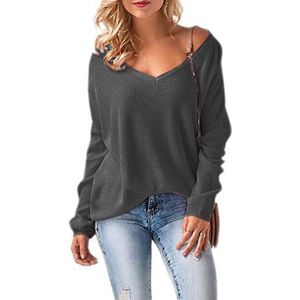 Mikos * Pullover voor dames, vrouwen, off-shoulder, lange mouwen, voor lente, zomer, herfst en winter, gebreide trui, baggy, V-hals, losse trui, oversized (694) SML, grafietgrijs, Eén maat