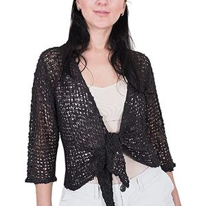 Dames popcornstijl, gehaakte effen stretch visnet stropdas in taille bolero shrug open vest, Zwart, One size