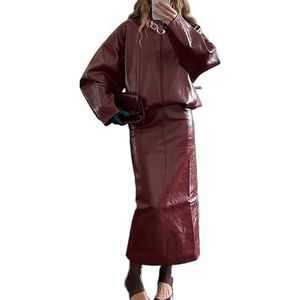 MLSHWUG Dames Plus-Size Elastische Plissé Zoom Glanzende Leren Jas Patchwork Lange Rok Sets,Rood,M