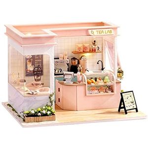 moin moin 1/24 Poppenhuis Miniatuur DIY Handgemaakte Kit Set Teken Kat Lijm Cafe - TEA LAB - Parfait Tapioca Cake Donut Roze Echt Voedsel | LED Licht + Acryl Case + Figuur 2201dh310