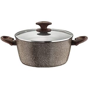 Pintinox Braadpan van aluminium, serie Natura, antiaanbaklaag, steenlook, handvat in houtlook, glazen deksel met soft-touch-knop, geschikt voor inductie, diameter 28 cm