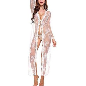 Lingerie - White - Sexy Lange Jurk - See Through Robe Kimono Ondergoed Vrouwen