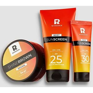 BYROKKO Shine Brown Tan & Protect bundel 3in1 Body Zonnebrandcrème SPF 25 150 ml + Face Sunscreen SPF 30 50 ml + Premium Tan-Boosting Crème 210 ml Meerkleurig 1 stuk (Pak van 3)