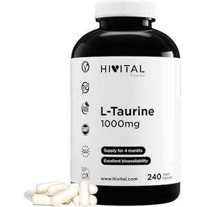L-Taurine 1000 mg. 240 veganistische capsules voor 4 maanden behandeling. Taurine aminozuur met meerdere eigenschappen. Gefabriceerd in Europa door HIVITAL