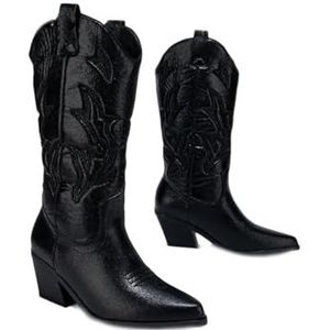 Lmtossey Metallic cowboylaarzen voor dames, westernlaarzen, winter, rits, geborduurde spitse neus, hoge hakken, Zwart, 42 EU