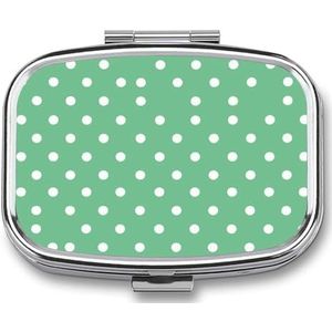 Groene polkadots pillendoos 2 compartimenten, draagbare pillenetui met spiegel voor zakportemonnee, reizen, mini-metalen medicijnorganizer voor vitamines en visolie