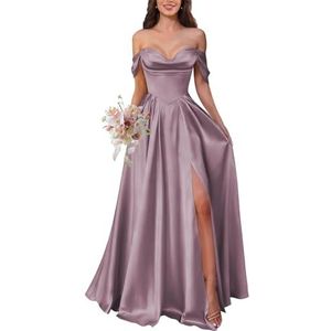 KURFACE Satijnen baljurk voor dames met split geplooide off-shoulder baljurk vloerlengte korset formele avondjurk, Wisteria, 32
