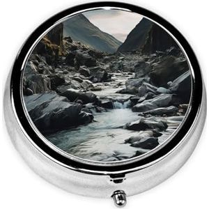 Pillendoosje Rivier en Grijze Rocks Ronde Pillendoos Dagelijks 3 Compartiment Reizen Pillencontainer voor Pocket Purse Draagbare Geneeskunde Levertraan Olie Opbergdoos 3 keer per dag Pillenorganisator