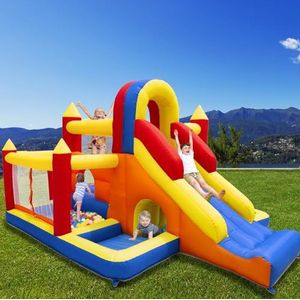 Ballsea Springkasteel met ventilator, XXL, kinderparadijs met glijbaan, veiligheidsnet, EN71-gecertificeerd, voor 3-8 jaar