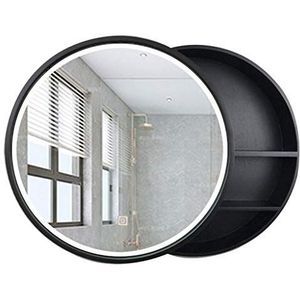 Spiegelkasten Badkamer Rond Massief Houten Wandspiegel Spiegel Met LED-lichtstrip Wandopbergkast Kleur: Zwart, Maat: 50 cm (20 inch)