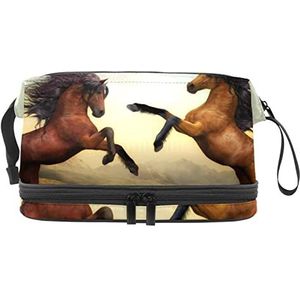 Multifunctionele opslag reizen cosmetische tas met handvat,Bruin twee paarden strijd,Grote capaciteit reizen cosmetische tas, Meerkleurig, 27x15x14 cm/10.6x5.9x5.5 in