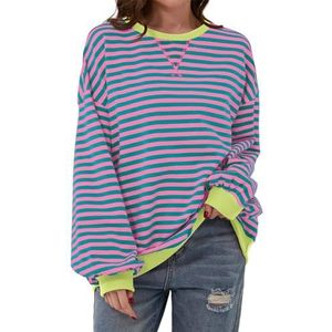 Fisoew Womens Striped Oversized Sweatshirt Color Block Crew Neck Long Sleeve Shirt Casual Loose Pullover Top Y2K Clothes (Pink,L)