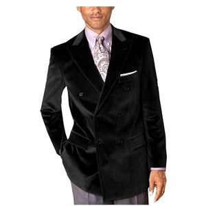 Fluwelen blazer voor heren, slim fit, pak met 2 knopen, warme blazer voor winter, bruiloft, bal, dinerjas, Zwart, 44