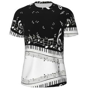 Pianotoetsen met muzieknotenprint heren sportshirt, ademend koel droog mesh basislaag tops korte mouwen hardlooptop gym shirt, Zwart, S