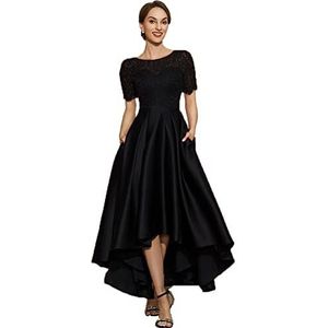 NaTengs Vrouwen korte mouwen avondjurken hoge lage zoom Maxi prom jurken met zakken, Zwart, 46