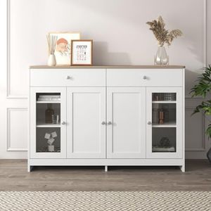 BXEYXE Dressoir met witte houtnerf, vier deuren, met twee laden, deur met glas. woonkamer, eetkamer. Houtkleur en wit