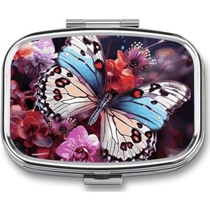 Kleurrijke Vlinders op Bloemen Pillendoos 2 Compartimenten, Draagbare Pillenhoes met Spiegel voor Pocket Portemonnee Reizen, Mini Metalen Geneeskunde Organizer voor Vitaminen Visolie