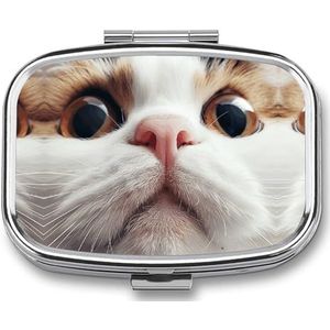 Vierkante pillendoos draagbare metalen pillenetui 2 compartimenten kleine reizen pillenorganisator schattige bruine kat gezicht vitamines houder organizer voor portemonnee zak