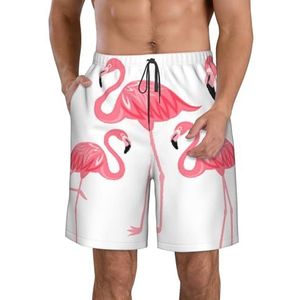 PHTZEZFC Four Flamingo's Print Strandshorts voor heren, zomervakantie, strandshorts, casual, lichtgewicht trekkoord, Wit, L