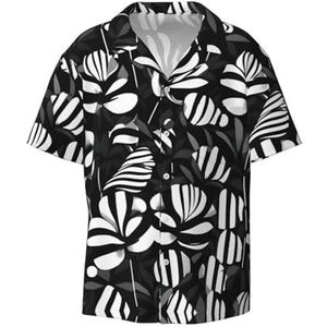 EdWal Zwart Wit Gestreepte Bloemen Print Heren Korte Mouw Button Down Shirts Casual Losse Fit Zomer Strand Shirts Heren Jurk Shirts, Zwart, XL
