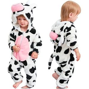 COOKY.D Baby Flanellen Romper met Capuchon Herfst/Winter Onesie Pyjama Jumpsuit Lange Mouw Slipjes voor Baby Meisjes Jongens, 6-12 Maanden, Koe