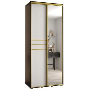 MEBLE KRYSPOL Davos 11 100 Kledingkast met twee schuifdeuren voor slaapkamer - Moderne Kledingkast met spiegel, kledingroede en planken - 235,2x100x45 cm - Zwart Wit Goud