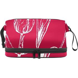 Dubbele Laag Cosmetische Tas Tulpen Rode Draagbare Make-up Tas Reizen Organizer Pouch voor Vrouwen Meisjes Toiletartikelen Tassen, Meerkleurig, 27x15x14 cm/10.6x5.9x5.5 in, Make-up zakje