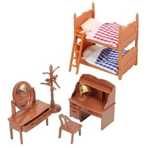 Mini House Miniatures Plastics Poppenhuis Meubels Slaapkamer Set met Hoog Laag Bed, Dressoir, Bureau en Hanger voor Huis Decoratieve Ornamenten A