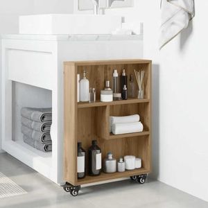 BAKAJI Ruimtebesparende kast, ideaal voor badkamer, keuken en krappe ruimtes, smalle opbergkast, wit, robuust meubel met 360° draaibare wielen, 2 schuifdeuren en 1 klep, 52 x 17 x 67 cm