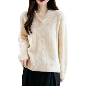 Kasjmier Gebreide Trui Grof Gebreide Kabeltrui for Dames Tops Met V-hals En Lange Mouwen Elegante Effen Gebreide Pullover Casual Losse Wintertrui(Beige,XL)