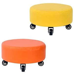 FZDZ Lage kruk set van 2, comfortabele stoel rolkrukken met wielen, thuis slaapkamer korte stoel om op te zitten, schattige ronde kleine krukken, extra dik kussen (kleur: geel+oranje)