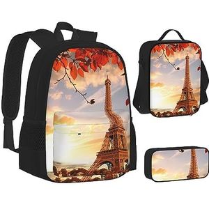 BONDIJ Eiffeltoren Parijs Rugzakken voor school met lunchbox etui, waterbestendige tas voor jongens meisjes leraar geschenken, Eiffeltoren en rode bladeren, Eén maat