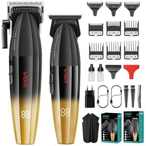 VGR Professionele Tondeuse en Trimmer Set voor Mannen, Kapperstondeuse en Zero Gap T Blade Trimmer Kit, Draadloze USB Oplaadbare Haarsnijset met 9 Opzetkammen, Keramisch Mes, LED-Display