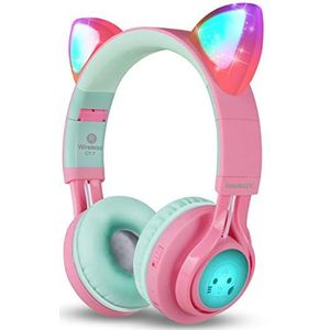 Riwbox Bluetooth-hoofdtelefoon, CT-7 kattenoor, led-oplichting, draadloze, opvouwbare hoofdtelefoon over het oor met microfoon en volumeregeling voor iPhone/iPad/smartphones/laptop/pc/tv (roze en