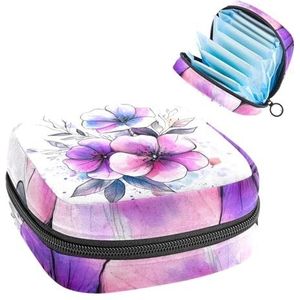 Violet Bloemen Bladeren Patroon Maandverband Opbergtas, Grote Menstruatie Cup Pouch met Rits, Menstruatie Pads Bag Store Panty Liners Tampons voor Meisjes Vrouwen