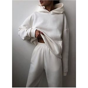 Women's Trainingspak Fall Fleece Sweatshirt Twee Stuk Casual Oversized Solid Color Dames Sports Hoodie Set (Color : White, Size : XXL)