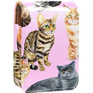 Lipgloss Houder Lipstick Case Draagbare Mini Lipstick Opbergdoos Reizen Lipstick Organizer Case met Spiegel voor Vrouwen Kat Roze, Meerkleurig, 9.5x2x7 cm/3.7x0.8x2.7 in