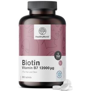 HealthyWorld Biotine 12000 µg – Vitamine B7 – 365 tabletten – Hoge concentratie – Voor haar, huid en nagels – Vegetarisch en GGO-vrij – Jaarvoorraad