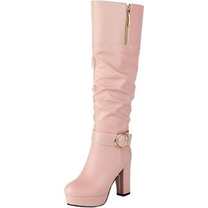 Klassieke Kniehoge Laarzen for Dames PU-leren Laarzen Met Gesp Herfst-winter Hoge Hakken Plateau Enkellaarsjes Met Blokhak Elegante Instapschoenen for Bruiden(Pink,43 EU)