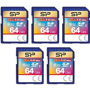 Silicon Power 5-Pack 64GB Elite SDXC Card Class 10 UHS-1 Compatible, Max Read Speed 85MB/s, Waterproof